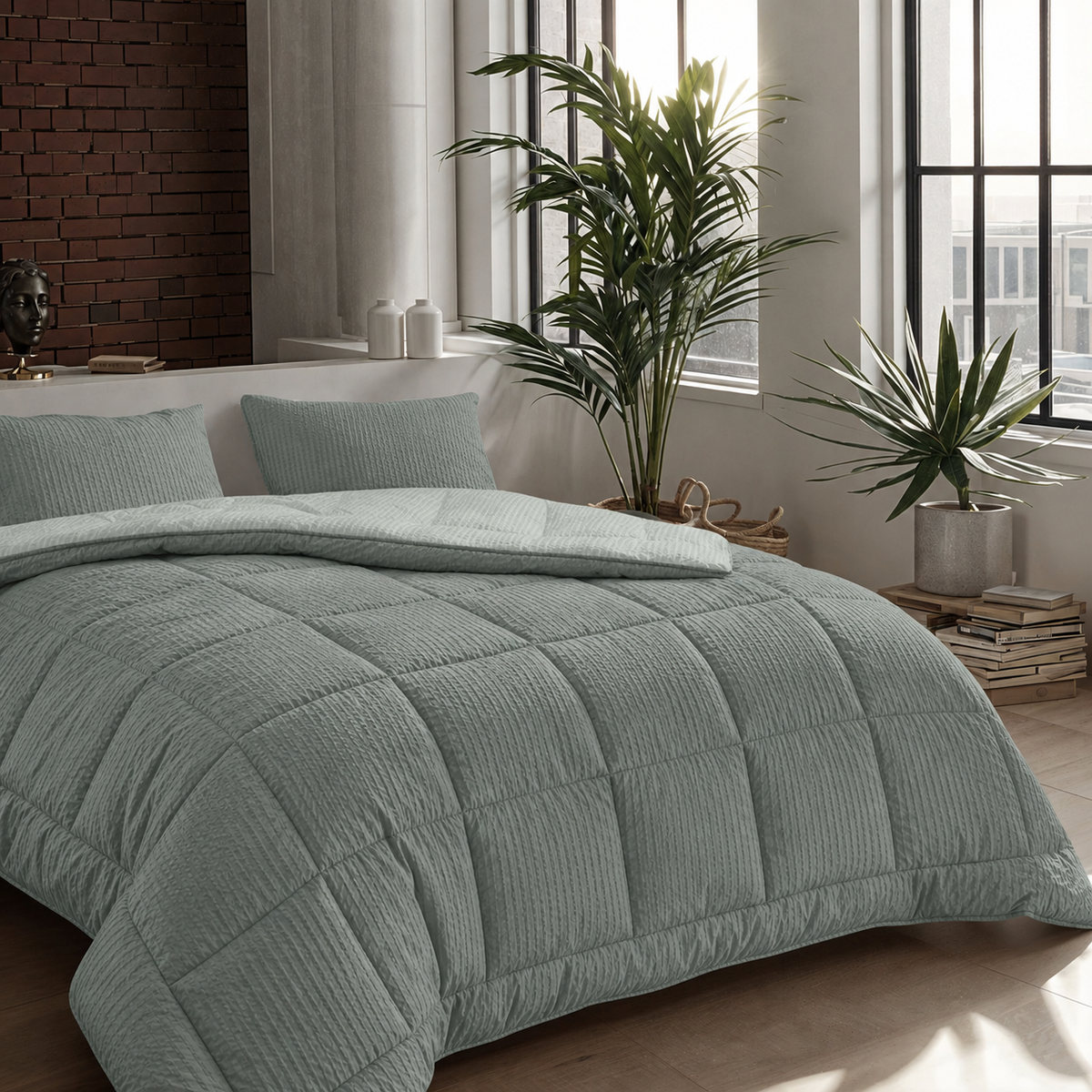 Zelesta Comfort Structure Seersucker Couette - Vert Foncé & Vert