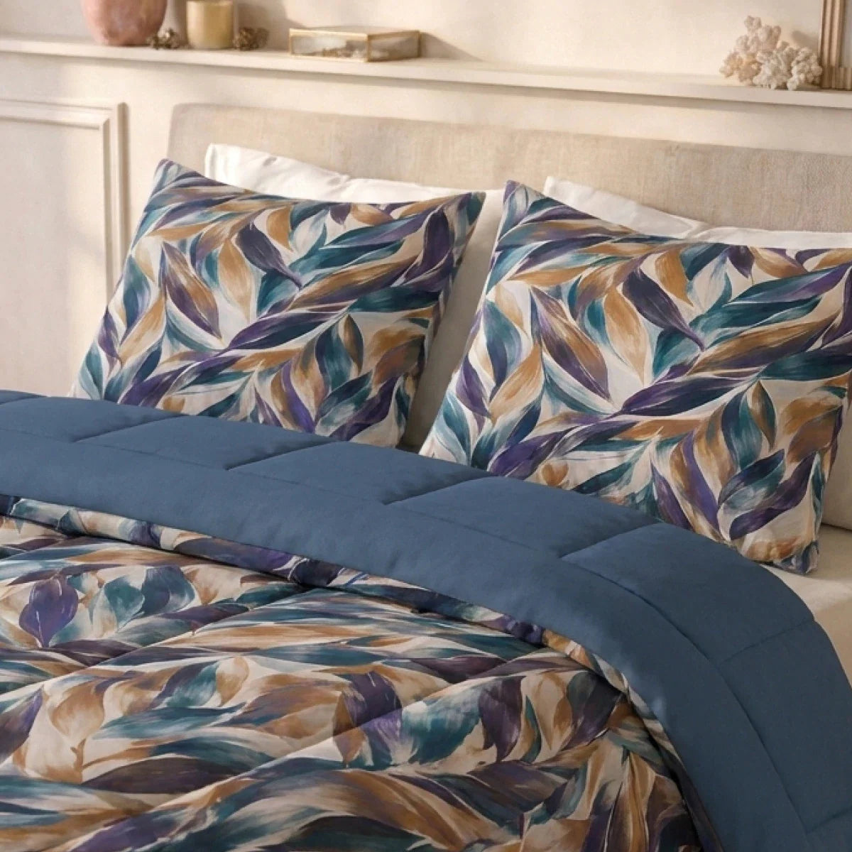 Zelesta Deluxe Design Satin Cotton Pillowcase - Blue Multicolor Leaves