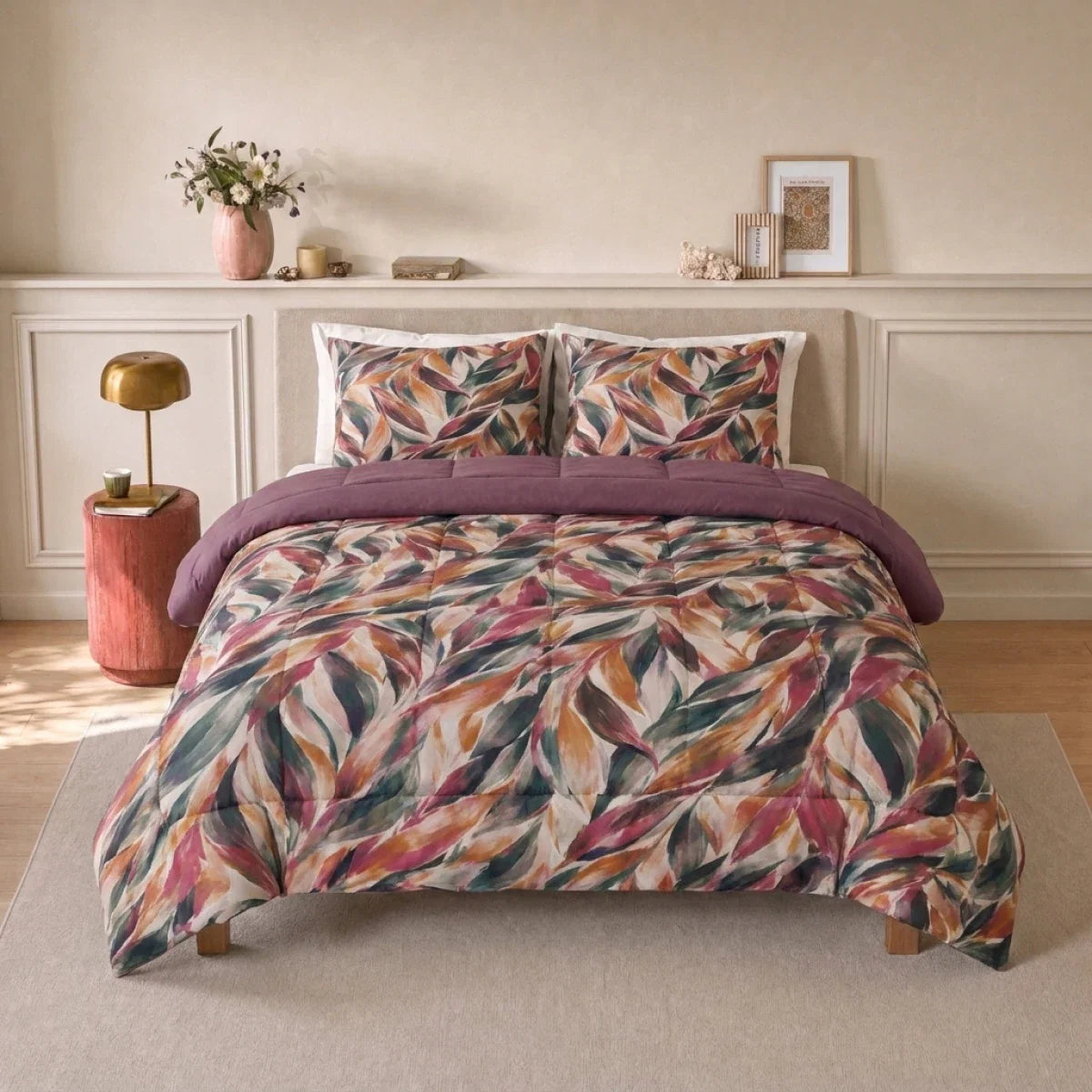 Zelesta Deluxe Design Satin Cotton Pillowcase - Pink Multicolor Leaves