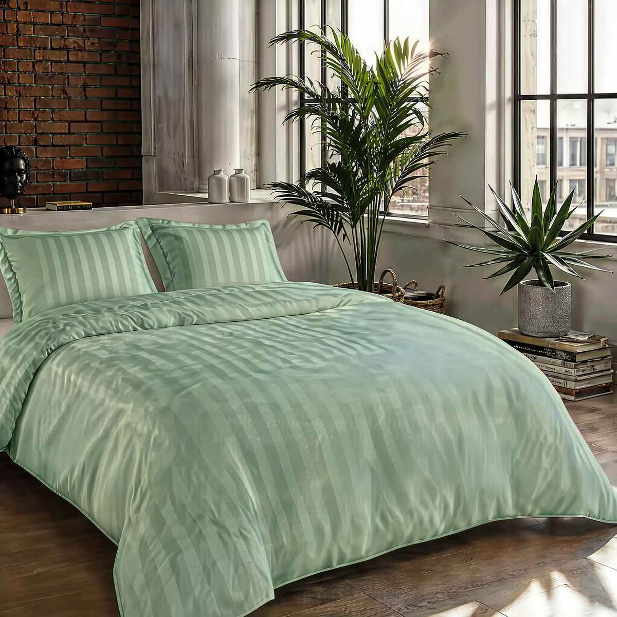 Zelesta Deluxe Hotel Stripe Satin Cotton Duvet - Green