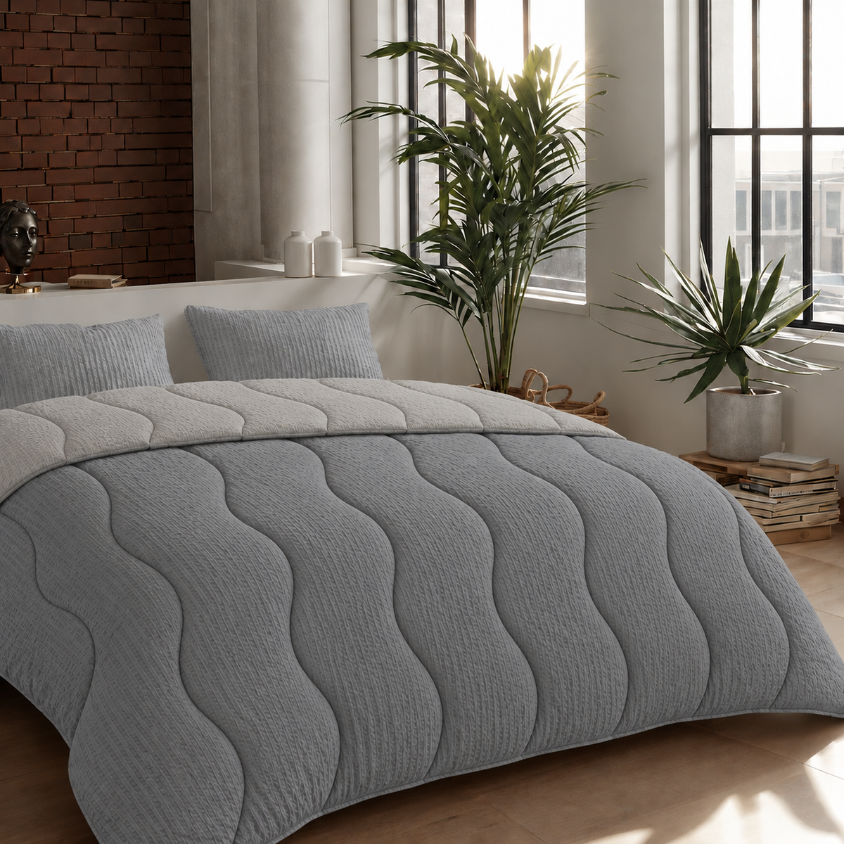 Zelesta Comfort Structure Seersucker Couette - Gris & Gris Clair